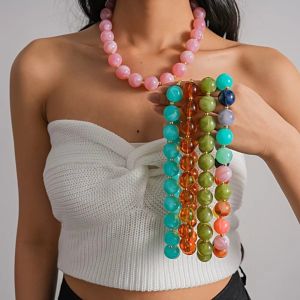 FLYING Multi-color Acrylic Beaded Necklace Round Beaded Bohemian Style Resin Choker Necklace Trendy Elastic Closure Beaded Jewelry Set for Women