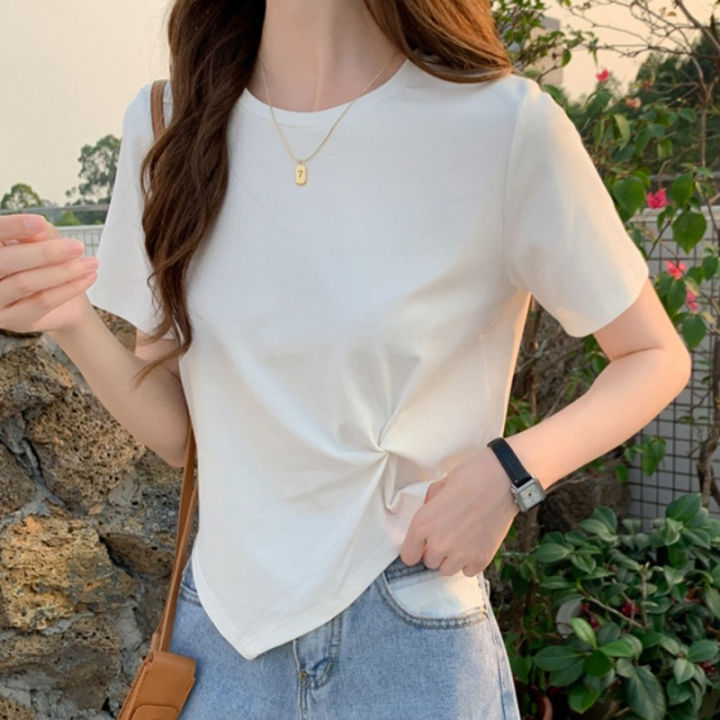 T-shirt for women short sleeve rregular hem korean Style solid tees ...