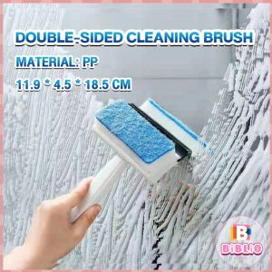 BIBLIO Double-Sided Cleaning Brush Glass Wiper With Cleaning Sponge Squeegee 2 in 1 Scraper Bathroom Wall Cleaner