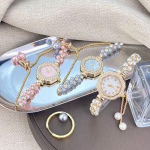 NEMOPH Double-Row Pearl Pull-Open Bracelet Watch Adjustable Strap Diamond-Encrusted Case Ladies Quartz Watch Fashion Chain Watch Women Girls