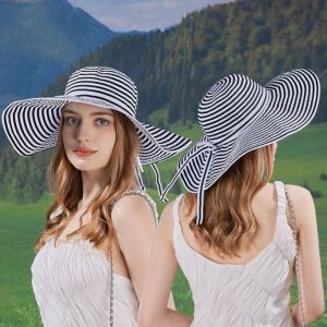 GLOWLITE Bow Stripe Bucket Hat Foldable Wide Brim Sun Protection Cap Fashion Sunscreen Fisherman Hat Famale