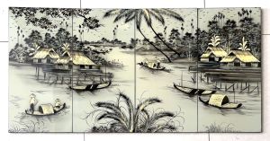 Tranh sơn mài cao cấp Đồng Quê Thanh Bình Lê bộ 4 tấm 60x120cm treo tường trang trí nhà cửa văn phòng quà tặng Tân Gia tặng người thân bạn bè đối tác