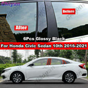 6PCS Glossy Black & Carbon Fiber Car Window Center Door Column B C BC Pillar Post Cover Trim for Honda Civic 10th Generation Sedan FC 2016 2017 2018 2019 2020 2021 Mirror Effect PC Material Not Just Sticker Styling Accessories