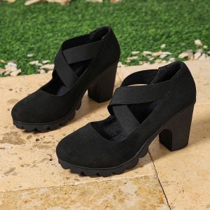 [Free Shipping] Plus-Size Non-Slip Criss-Cross Strap Single-Sole Thick-Heeled Retro Round-Toe Chunky-Heeled Womens Shoes