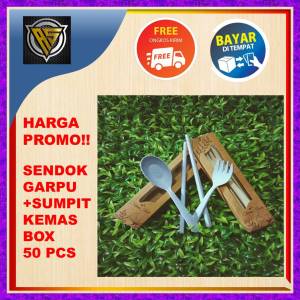 (50 PCS) Souvenir 1 SET Sendok Garpu Sumpit Travel Go Green Kemas Box Rustic Coklat Murah Unik