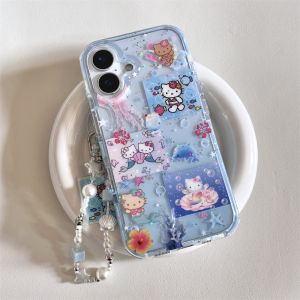 Sanrio Summer Seashore Hello Kitty Blue Phone Case for iPhone 16 15 14 Pro Max Bracelet Strap Charm Underwater Shell Shark Cover