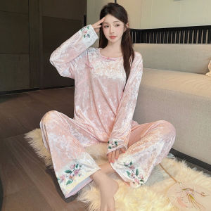 ชุดนอนกำมะหยี่สำหรับผู้หญิง สไตล์ใหม่ฤดูใบไม้ร่วงและฤดูหนาว ให้ความรู้สึกหรูหรา สไตล์จีนใหม่ แขนยาว อุ่น เหมาะสำหรับใส่เป็นชุดนอกและชุดอยู่บ้าน