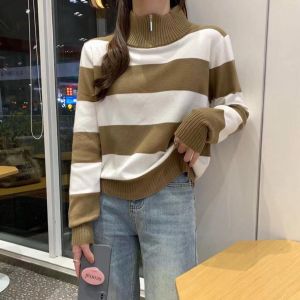 BL20755 Biggy Stripes Zip Highneck Knit Blouse