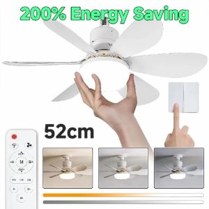 6 Blade E27 Lamp Cap Socket Fan Light 2 in 1 with Remote Control Dimmable LED Ceiling Fan with Lights 3 Colors Silent 3 Speed Wind for Bedroom Kitchen Living Room Closet