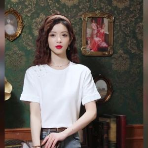 Ammin 2024 mùa hè cổ điển khóa đĩa cổ tròn màu trắng thời trang cotton T-Shirt phụ nữ phong cách Hàn Quốc tay ngắn cổ điển Áo Blouse thanh lịch