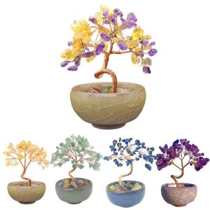 FLOW TOP Ceramics Base Natural Crystal Tree Positive Energy Copper Wire Luck Figurine Good Luck Tabletop Adornment Gemstone Tree Office