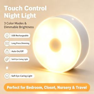 USB Rechargeable Touch Control Night Light 3 Color Modes Dimmable Mini LED Wall Lamp Stick On Magnetic Bedside Light for Bedroom Closet Cabinet Nursery