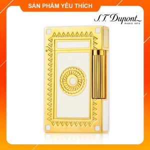 Hộp Quẹt Bật Lửa Gas Dupont D41V Sơn Mài Trắng Sữa Viền Vàng Hoa Văn Trống Đồng - Dùng Gas Đá Cao Cấp