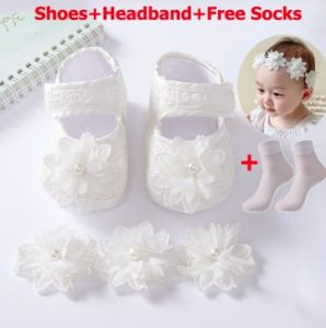3pcs Set White Christening Shoes for Baby Girls 0-12M Baptismal Walking Shoes Flower Headband Free Socks Newborn Christening Gift