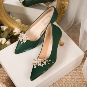 Ielgy Thích hợp trang trí với hoa và ngọc trai màu xanh lá cây cao gót không nhận được mệt mỏi Toe Toe bơm