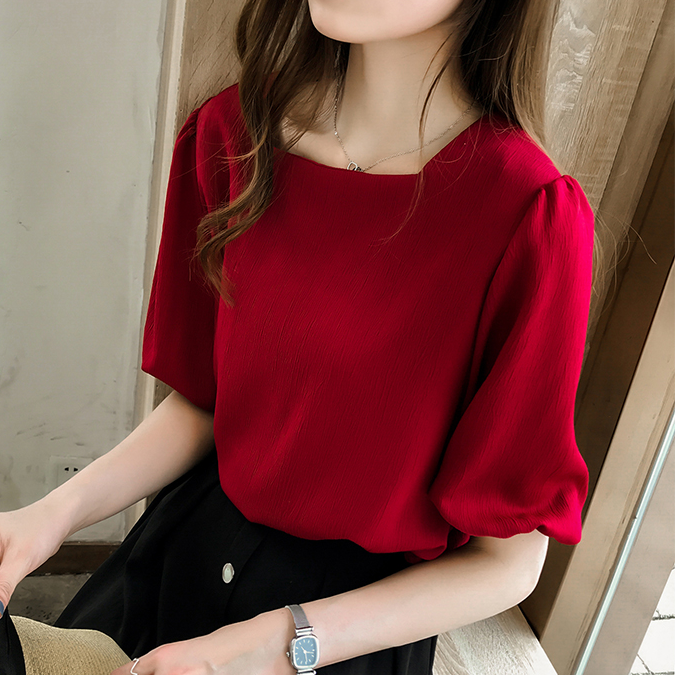 M-4XL Korean Style loose White / Red Blouse Women Causal Short