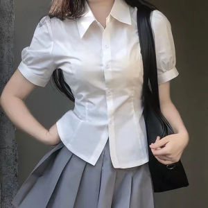 Women Polo Collar White Shirt Puff Sleeve Waisted Slim Blouse Top