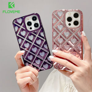 FLOVEME Luxury Plating Glitter Rhombic Lattice Love Heart Phone Case For iphone 14 13 12 Pro Max Bling INS Style All-inclusive Dust-proof Soft TPU Back Cover For iphone 14 13 12