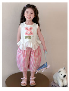 สาวสองชิ้นกระต่ายฤดูร้อนชุดเด็ก ถักไหมพรมเสื้อแขนกุดชุดกางเกงลายสก๊อต