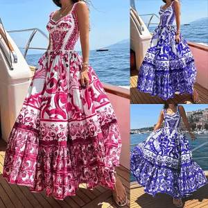 Spot Goods 2024 Spring and Summer New Cross-Border Womens Fashion Elegant Big Hem Mid-Length Printing Slip Dress ㏇L0514