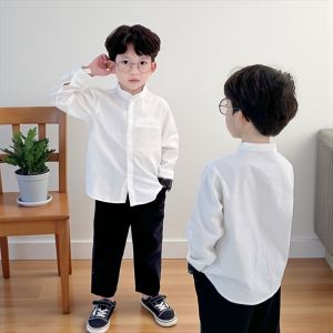 BE294 Bộ áo sơ mi trắng cổ trụ dài tay quần kaki bộ quần áo bé trai đi chơi tiệc đi học BEEMO