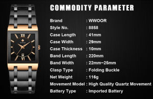 WWOORแฟชั่นผู้ชายสแควร์สบายๆนาฬิกาข้อมือยอดนิยมหรูหราชายญี่ปุ่นควอตซ์นาฬิกาสแตนเลสสร้อยข้อมือเหล็กนาฬิกาข้อมือกับปฏิทิน