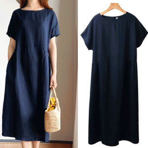 Lanrui Women's Summer Loose Thin Dress: Midlength Cotton Linen Solid Color Big Size Skirt
