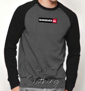 Jaket Sweater Crew Neck Quiksilver Bahan Kain Flecee Warna Abu-Abu Tua Kombinasi Hitam Ready Size S/M/L/XL/XXL