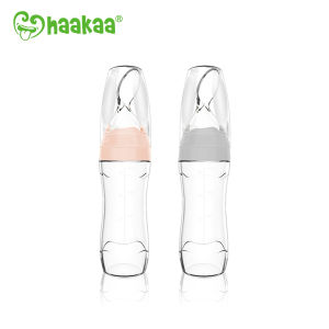Thìa ăn dặm cho bé Bình thìa ăn dặm 120ml Haakaa. Chất liệu silicone cao cấp an toàn. Không chứa BPA PVC và phthalate. Màu hồng và xám