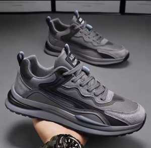 Sneakers Pria MSASTORE Sporty Kulit PU Motif Polos Warna Abu-Abu