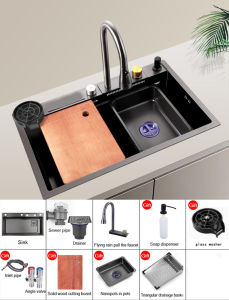 Kitchen sink SUS304 stainless steel waterfall sink 3.0MM thickness household sink with pull-out faucet