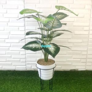 Pohon Artificial Daun Bahagia Hijau X18 Semilatex Pot Ulir + Standing Pot Besi Kaki 4 Dekorasi Hiasan Pojok Ruangan
