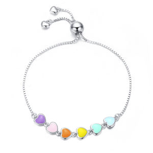 BAMOER สร้อยข้อมือ หัวใจเคลือบของผู้หญิง 925 สำหรับผู้หญิงที่ต้องการรูปทรง สร้อยข้อมือโซ่ เงิน สีรุ้ง