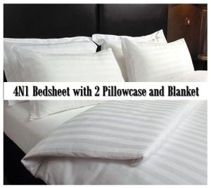 4IN1 Hotel Quality White Stripe Bedsheet with 2 Pillow case and Blanket