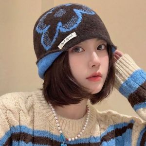 THANKSKY Đã in Mũ len hoa jacquard Len Ấm áp Mũ len in hình Ngọt ngào tiếng Hàn Mũ bảo vệ tai Phụ kiện thời trang
