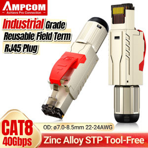 AMPCOM CAT8 RJ45 Connector Shielded Modular Plug - Field Termination Tool-Free 40G 2Ghz 22-24AWG - (Fits CAT7A & CAT8 Cable)
