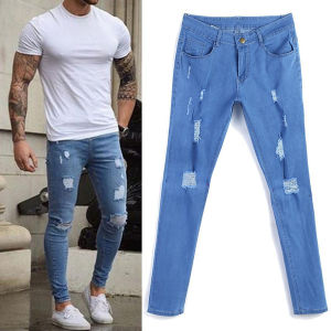 Celana Jeans Gaya Ripped Warna Biru Bahan Blue Denim