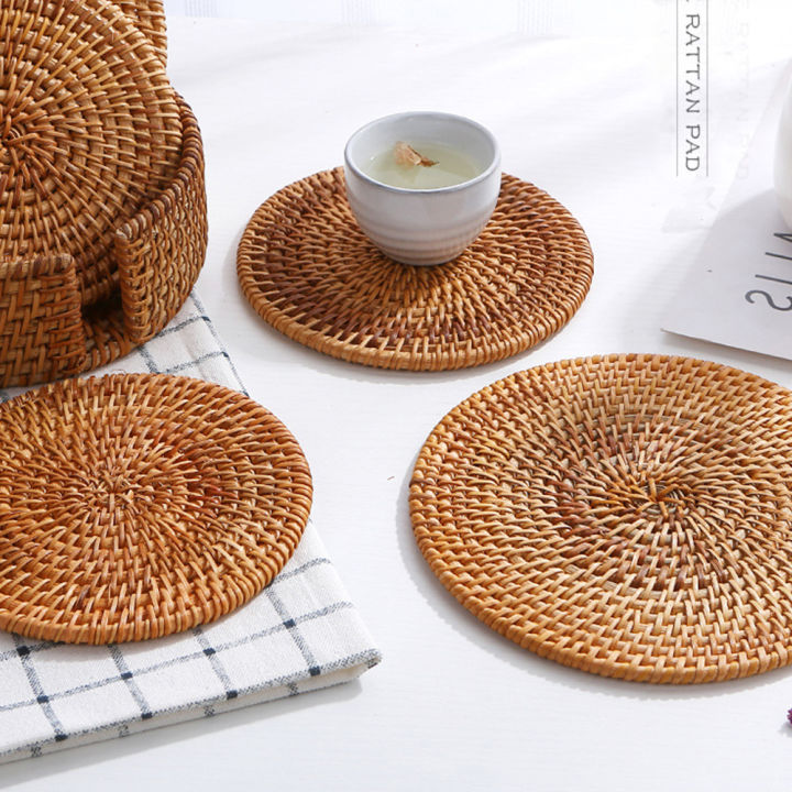 Natural Rattan Woven Placemat Round Table Mat Insulation Coasters Pot