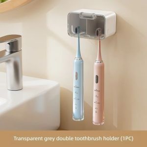 NUBE Wall-Mounted Double Toothbrush Holder Couple Style Dustproof Toothbrush Rack Durable Flip-top Electric Toothbrush Storage Rack Bathroom Organizer