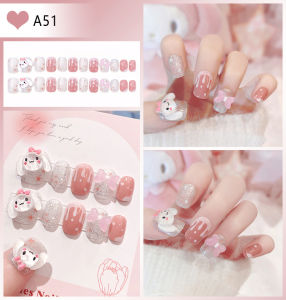 【With Glue】Ready Stock Female Mid-length Fake Nail Sanrio Kuromi Cinnamoroll Melody and Bowknot Decor Artificial Nail for Women and Girl Party Activity