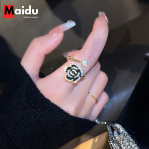 Maidu Jewelry แหวนเปิด Camellia ผู้หญิงหรูหราฝังเพทายดอกไม้แหวนนิ้วชี้สําหรับสตรี