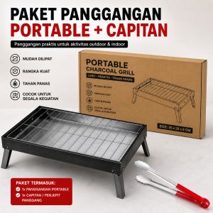 Panggangan Arang Portable Lipat BBQ Grill Stainless Steel - Alat Bakar Sate Ikan Daging Serbaguna Mini Outdoor Camping