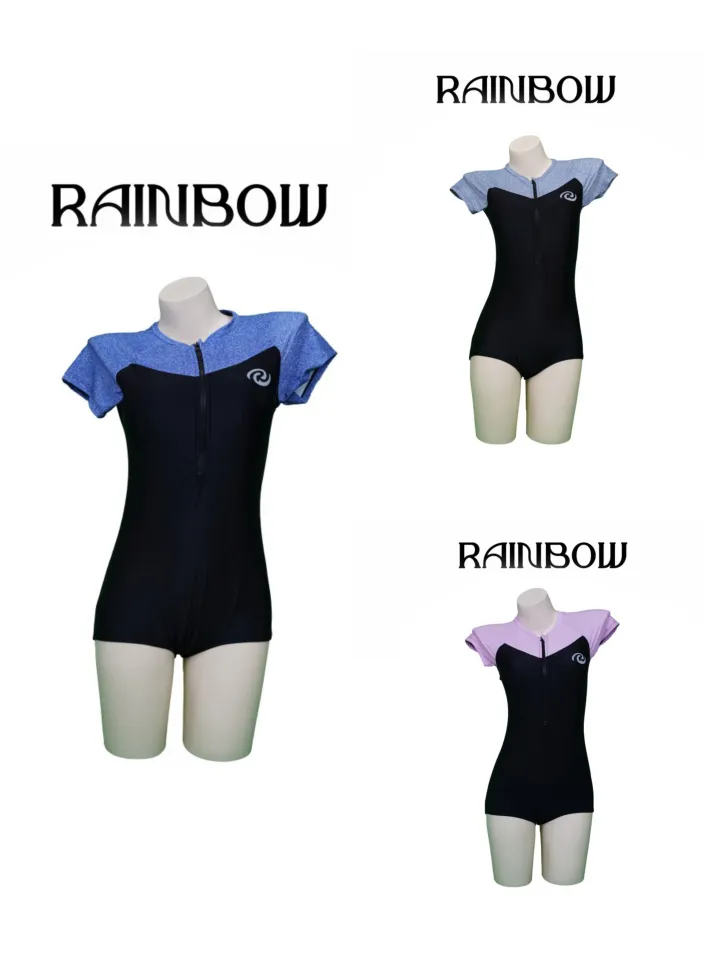 Rainbow rash Guard Women's zip one-piece swimsuit short sleeve colour  matching fashion swimsuit slimmer look beach swimwear
