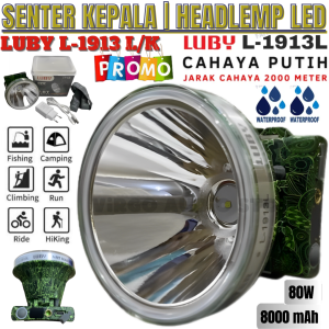 Senter Kepala Luby L-1913l L 1913l 80w | Senter Kepala Luby L-1913 L/K Baterai Jumbo Polymer 8.000 Mah ) Senter Kepala Led Super Terang | Senter Led Cas Tahan 50 Jam Headlamp Waterproof Anti Air Rechargeable Usb Isi Ulang - Vas