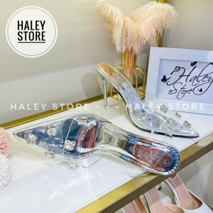 Giày bít bệt bạc đá HALEY STORE gót cao 2cm bít mũi nhọn quai trong suốt đính đá tiểu thư công chúa đi chơi đi tiệc