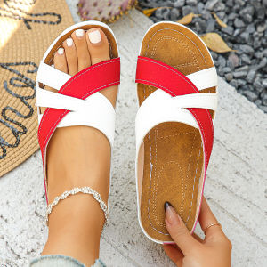 [Free Shipping] Color-Blocked Wedge Sandals WomenS Plus-Size New Summer Style Thick-Soled Criss-Cross Strap Beach Sandals Size 43