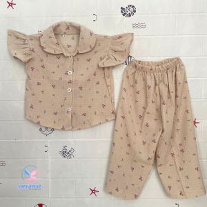 Setelan Anak Perempuan Crinkle Rose Purple Crop Top Motif Bunga Viral