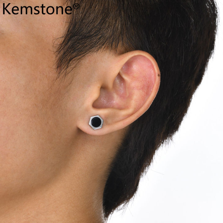 Kemstone Stainless Steel Hexagon Black Enamel Silver Plated Male Earrings  Jewelry Stud Earrings for Men