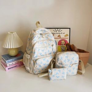 3 In 1 Bow Print Backpack Set Large Capacity Student School Bag Nylon Adjustable Strap