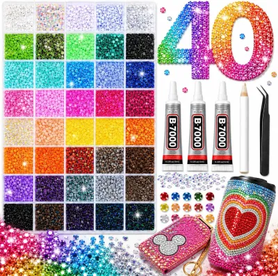 40000Pcs 40 Colors Jelly Resin Kit Bedazzling Kit Bedazzler Kit with Rhinestones 3mm Flatback Gems with B7000 Glue & Tools for Crafts Nails Shoes